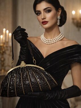 Elegant Brown Croc Embossed Handbag Gold Frame Vintage Style Statement